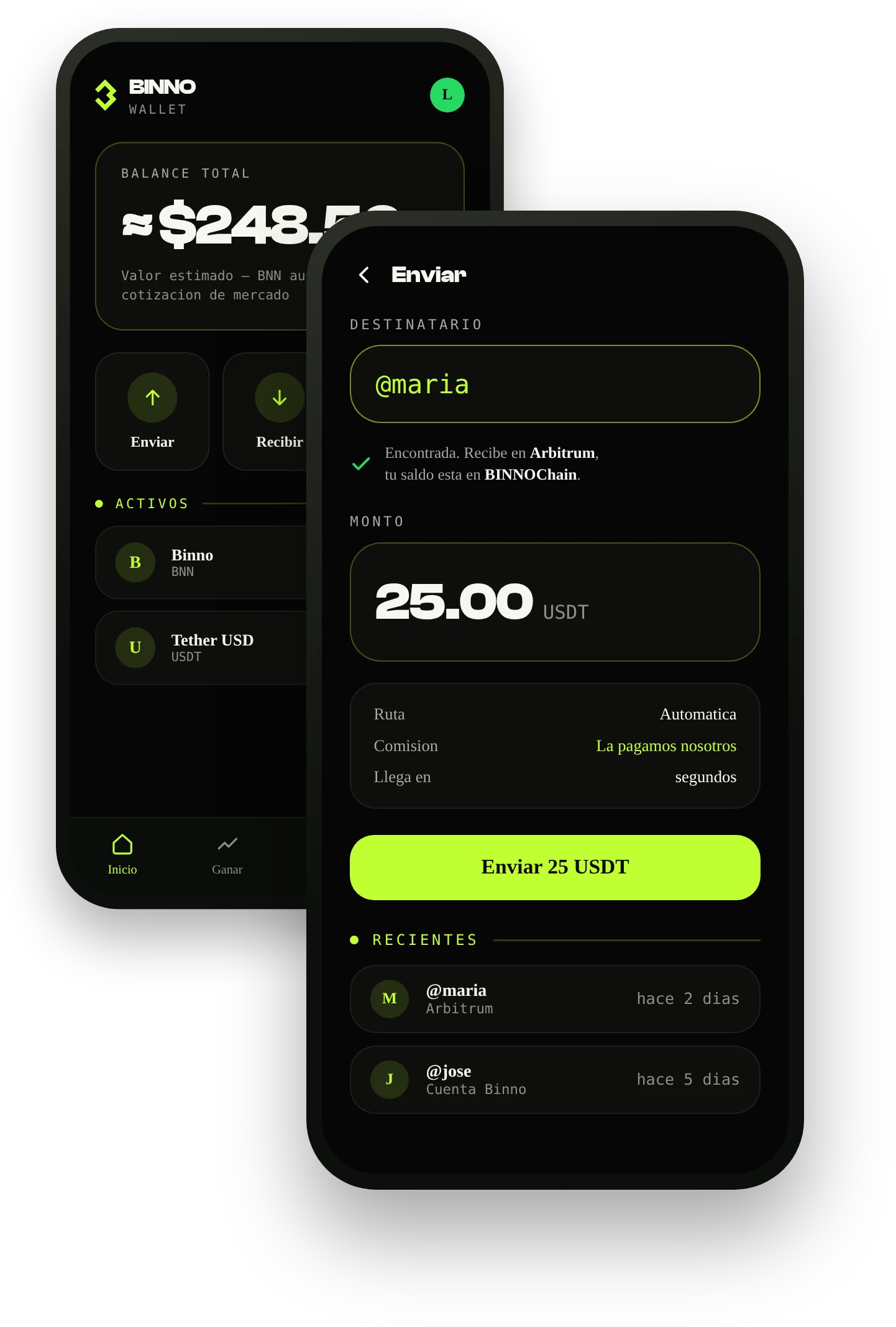 Pantallas de BinnoWallet: el saldo y un envio a un @usuario de otra red
